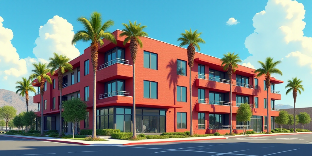 a red brick apartment building with palm trees in front of it and a blue sky in the background with