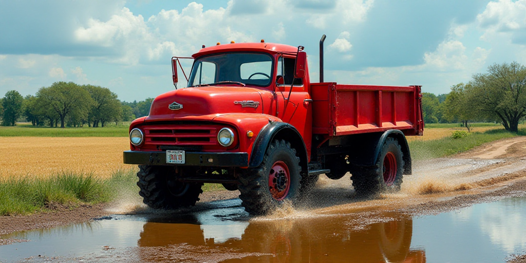 a red truck driving through a puddle of water on a dirt road near a field and trees in the backgroun