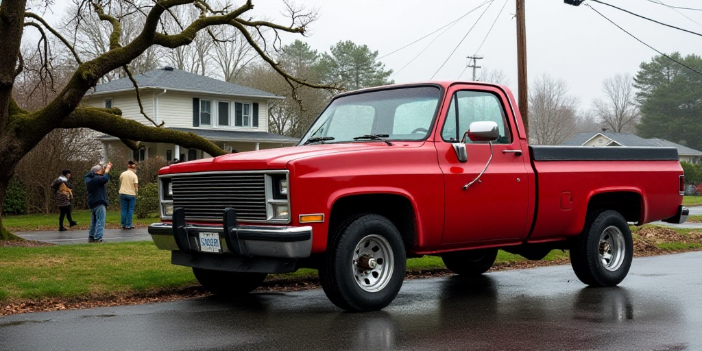 a red truck is parked on the side of the road with a fallen tree in the back ground and people stand