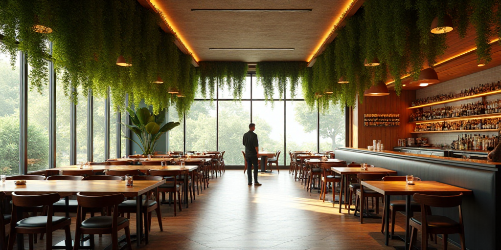 a restaurant with a lot of tables and chairs and hanging plants on the ceiling and a man standing in