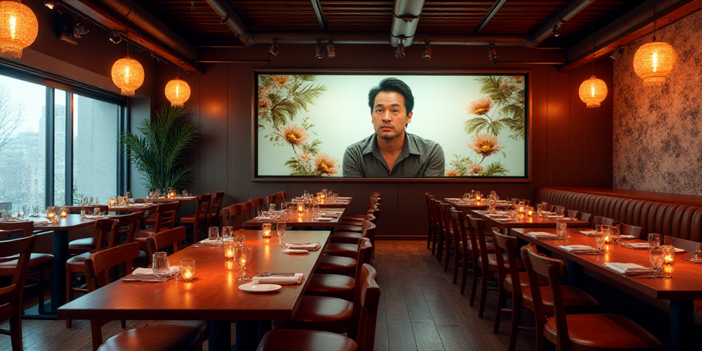 a restaurant with a lot of tables and chairs and a wall with a screen on it that has a picture of a