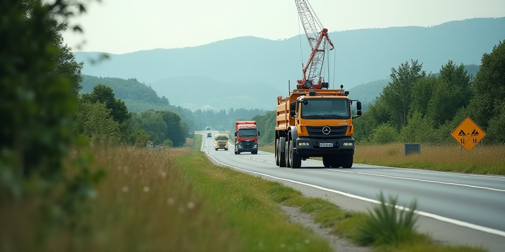 a road with a construction truck on it and a crane on the side of it and a truck on the side of the