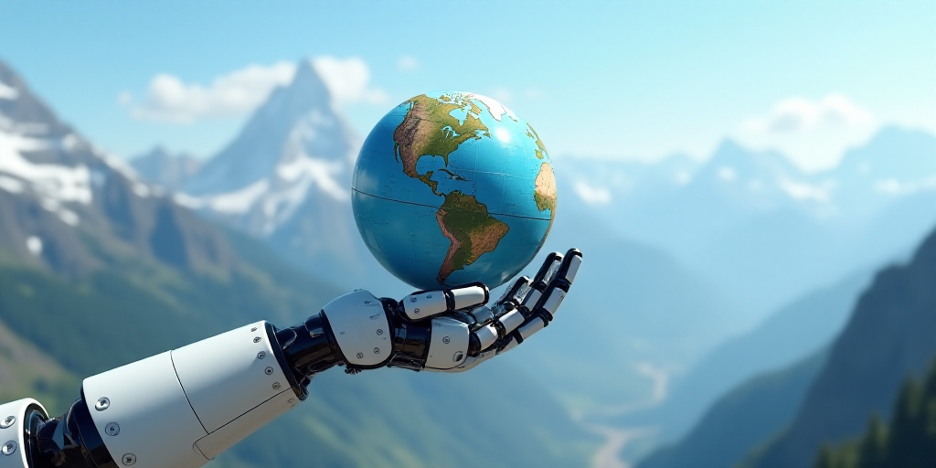a robot hand holding a globe in front of a mountain range with mountains in the background and a blu