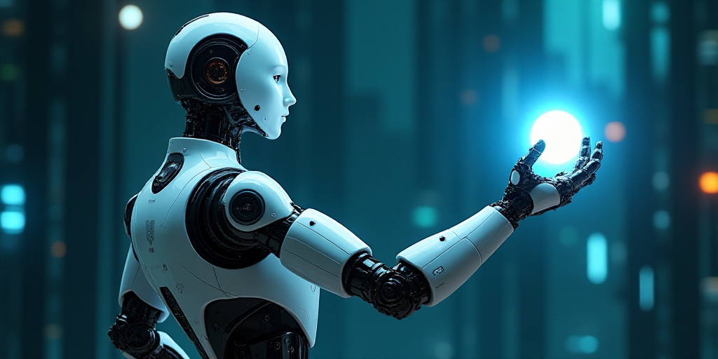 a robot holding a glowing object in his hand with a futuristic background around it and a blue light