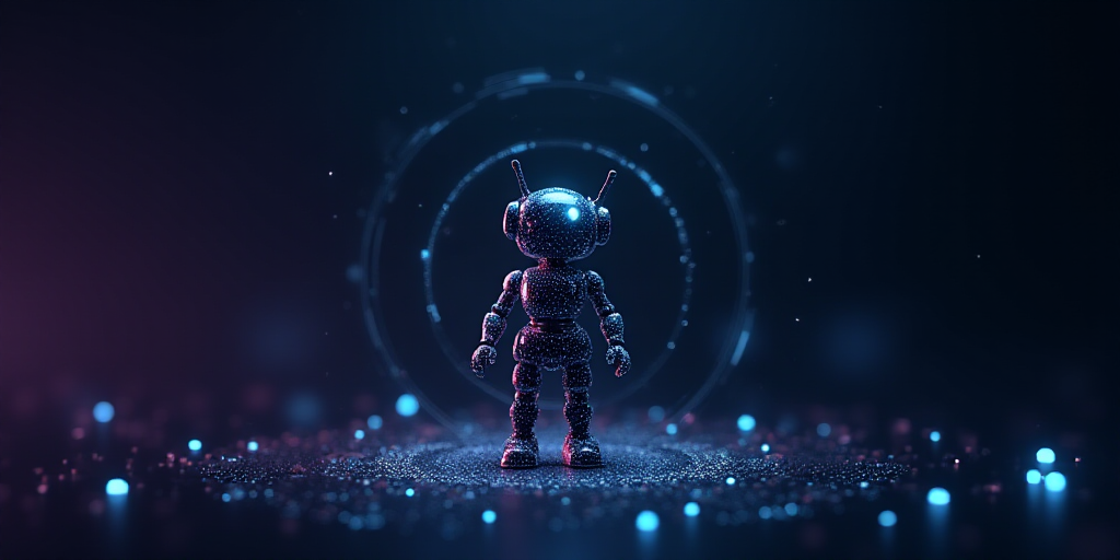 a robot with a lot of icons around it on a dark background with a blue and purple background and a b
