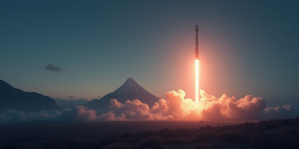 a rocket is being launched into the sky with a bright light on it's side and a mountain in the backg