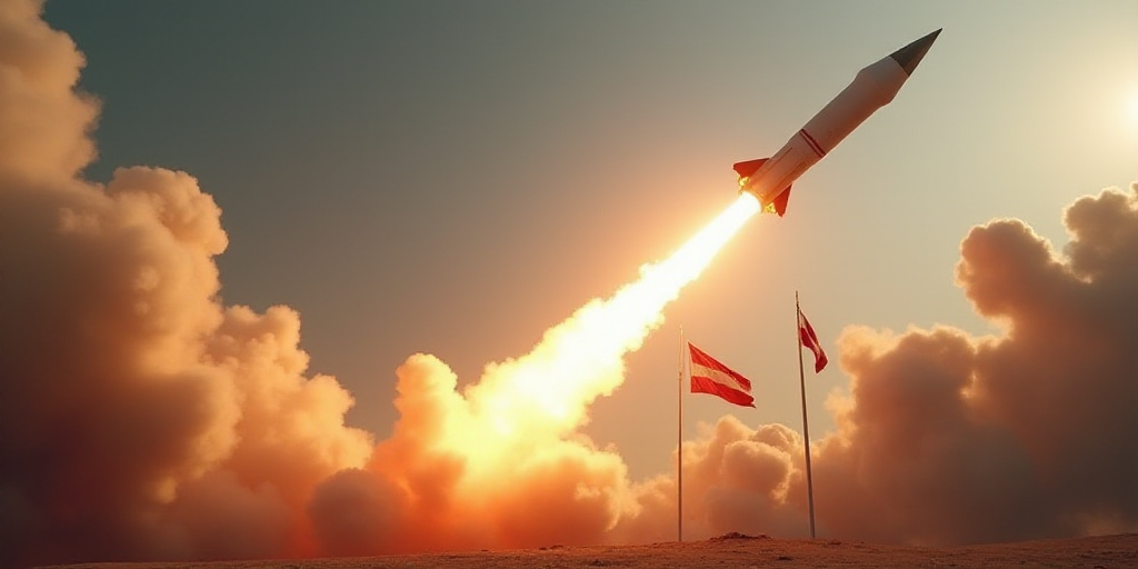 a rocket is flying through the air with smoke and flags in the background of a photo of a rocket, Fa