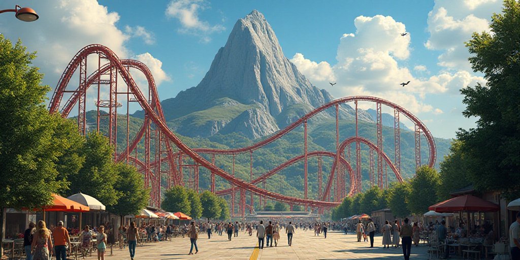 a roller coaster ride and a park with a mountain in the background and people walking around it in t