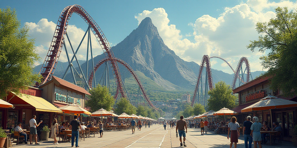 a roller coaster ride and a park with a mountain in the background and people walking around it in t