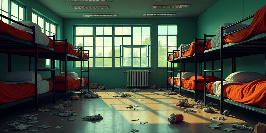 a room filled with lots of bunk beds and a bunch of windows with lots of windows on them and a bunch