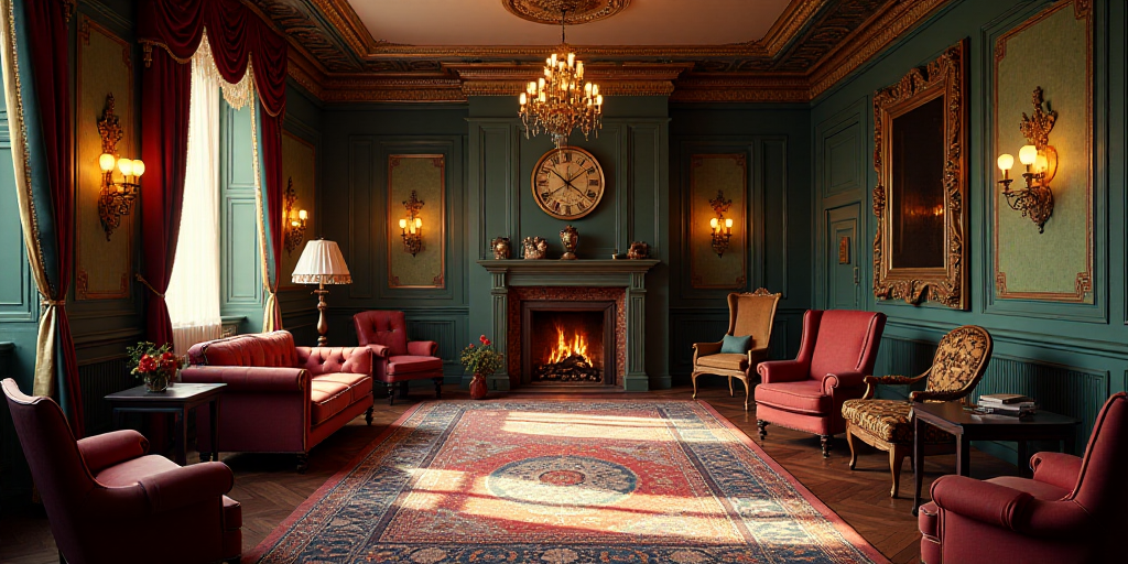 a room with a lot of chairs and a clock on the wall and a fire place in the corner, Enguerrand Quart