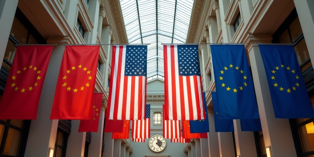 a row of american and european flags hanging from a ceiling in a building with a clock in the backgr