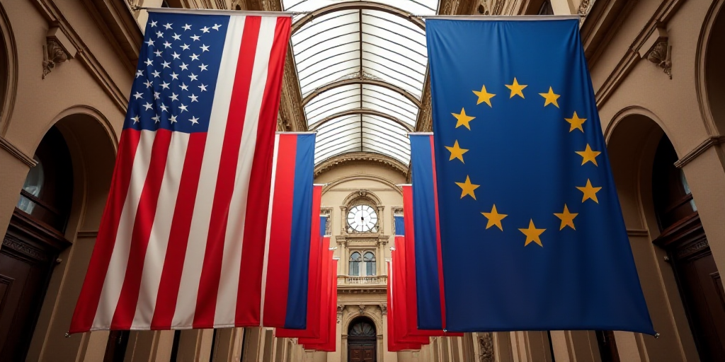 a row of american and european flags hanging from a ceiling in a building with a clock in the backgr