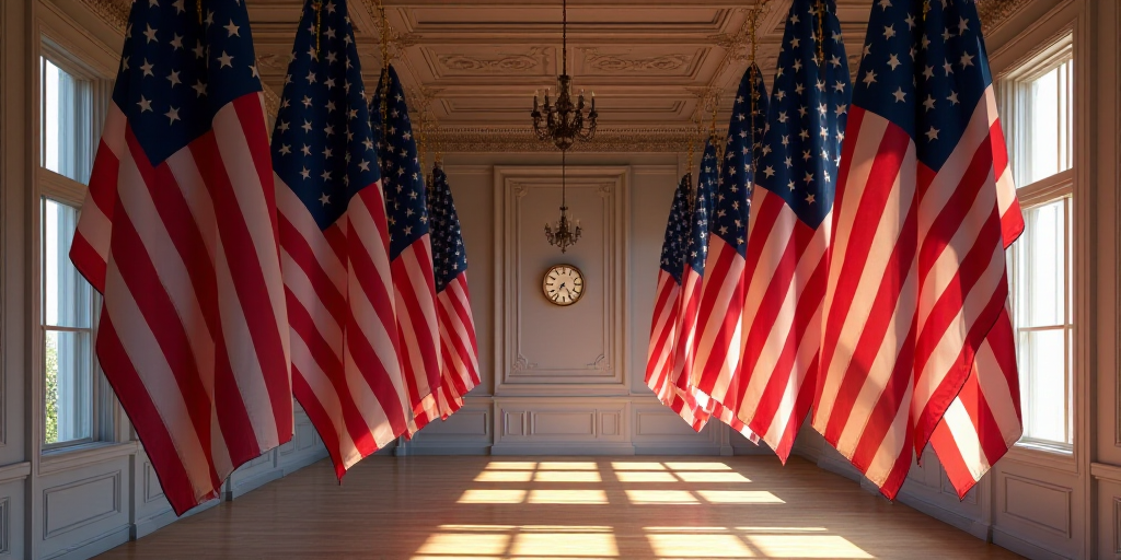 a row of american flags hanging from a ceiling in a room with a clock in the background and a window