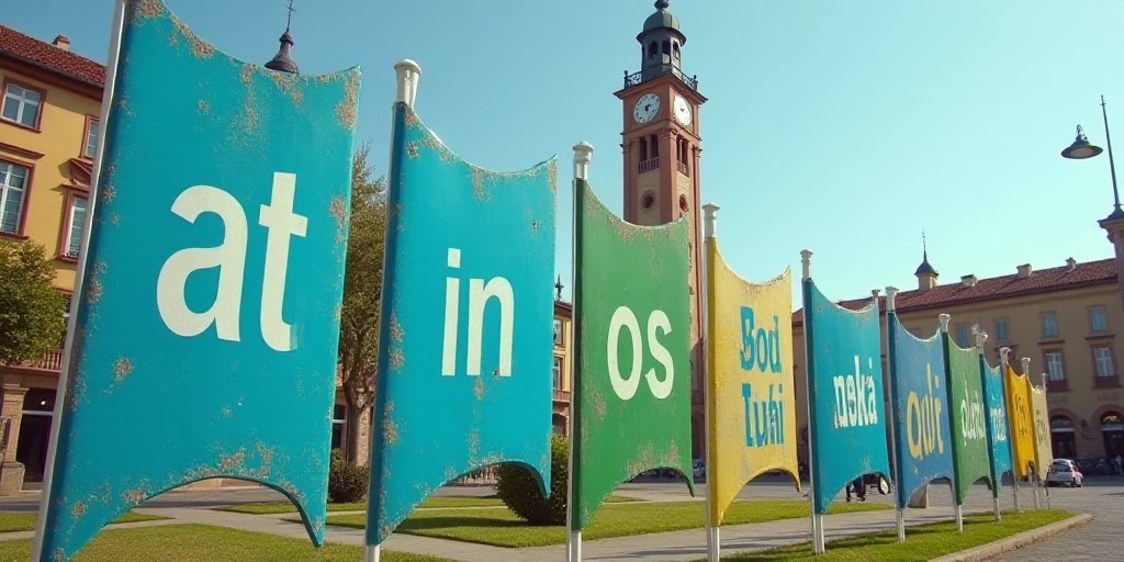 a row of blue and green signs in front of a building with a clock tower in the background and a buil