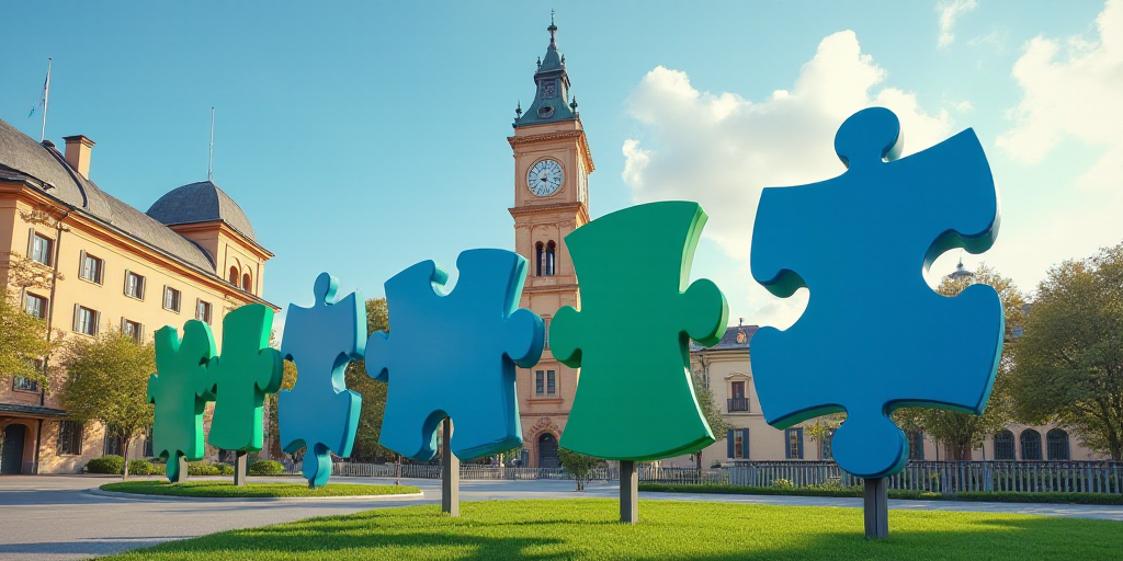 a row of blue and green signs in front of a building with a clock tower in the background and a buil