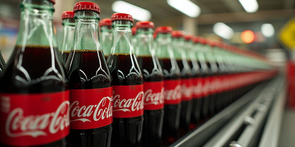 a row of coca cola bottles on a conveyor belt in a store or store with a conveyor belt in the backgr