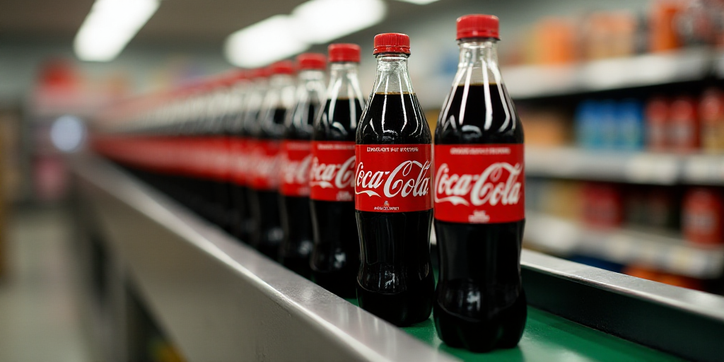a row of coca cola bottles sitting on top of a conveyor belt in a store or store,, Dorothy Coke, p,