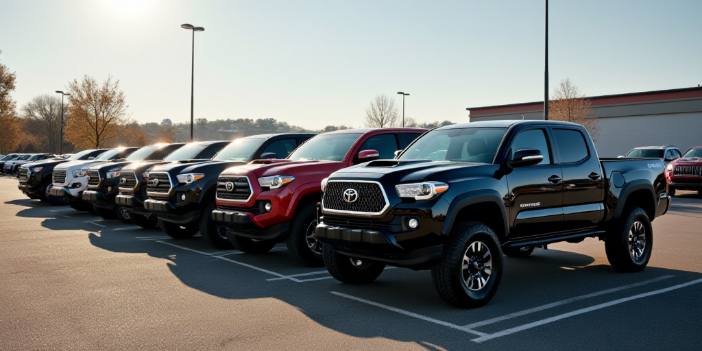 a row of parked toyota trucks in a parking lot with other vehicles in the background and a building
