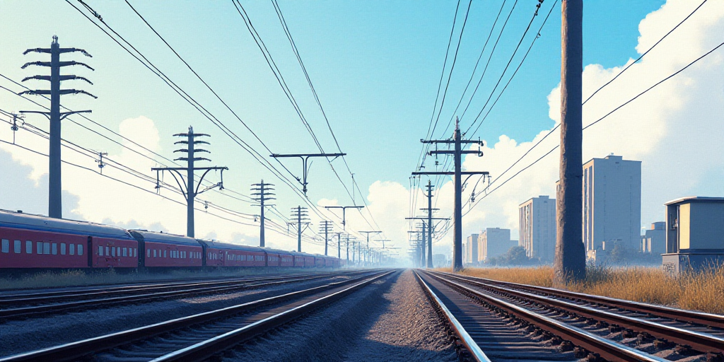 a row of power lines with a sky background and a train on the tracks in the distance, with a buildin