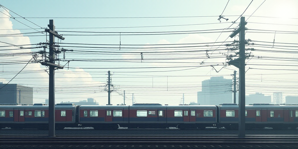 a row of power lines with a sky background and a train on the tracks in the distance, with a buildin