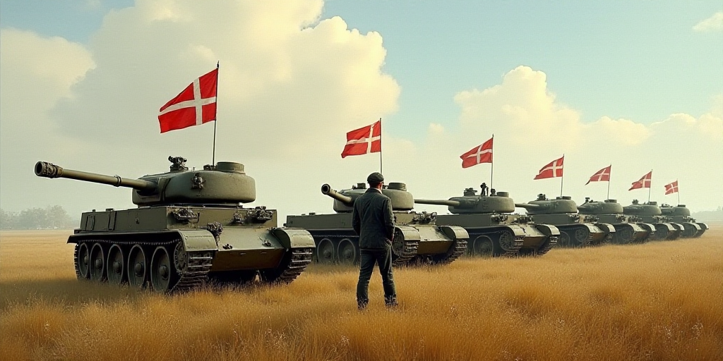 a row of tanks with flags on them in a field with a man standing in front of them and a row of them,