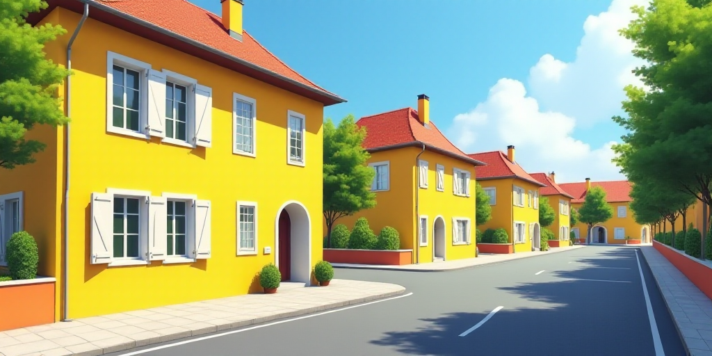 a row of yellow houses with white windows and shutters on each side of the street and a parking lot,