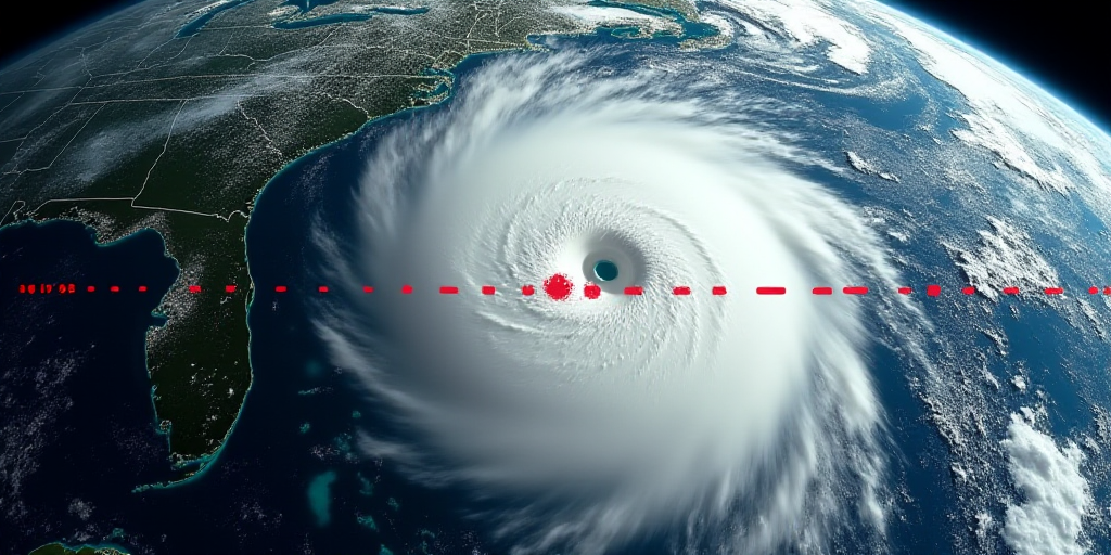 a satellite image of a hurricane with a line of red and blue circles in the middle of the image, Dav