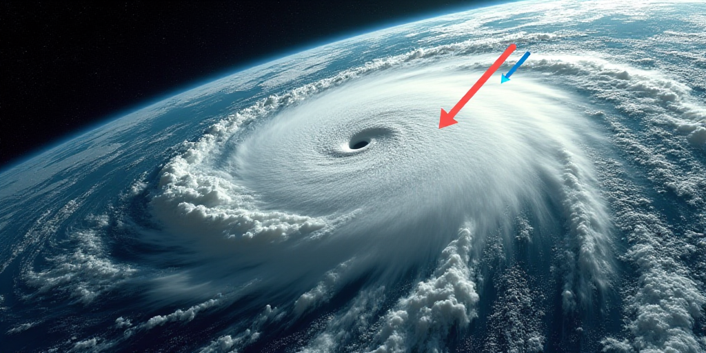 a satellite image of a hurricane with a line of red and blue arrows pointing to the top of the image