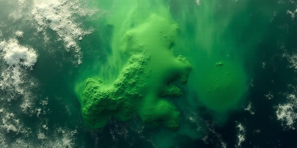a satellite image of a large body of water with a green substance on it's surface and a green substa