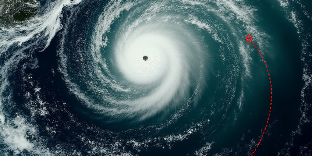 a satellite image of a storm in the ocean with a red line indicating the path of the storm to the ri
