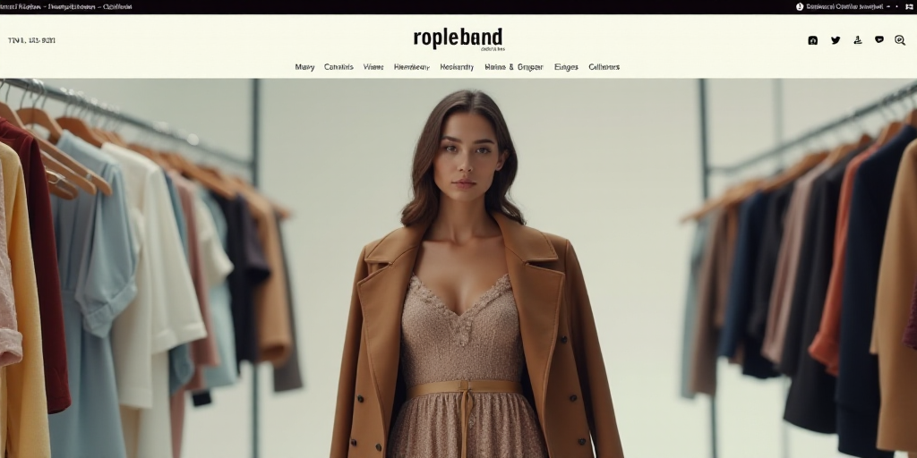 a screen shot of a website with a woman in a dress and a coat on it, and a line of clothes on the le