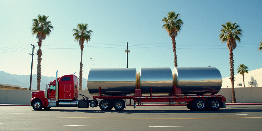 a semi truck with two large tanks on the back of it's trailer in a parking lot with palm trees, Elbr