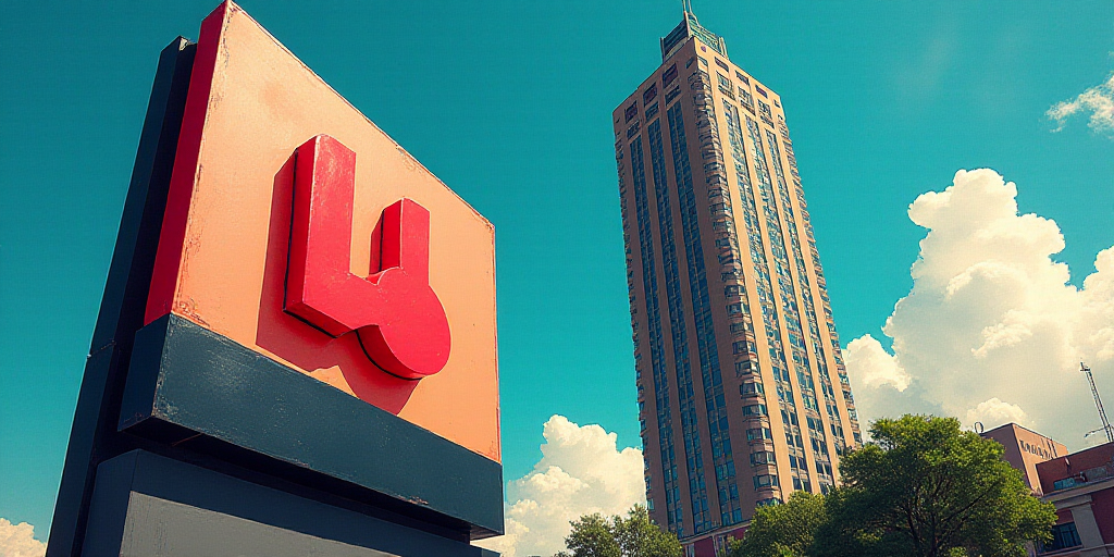 a sign for a company in front of a tall building in mexico city, with a red and black logo, Amelia P