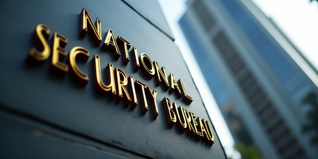 a sign on a building that says national security bureau on it's side and a building in the backgroun