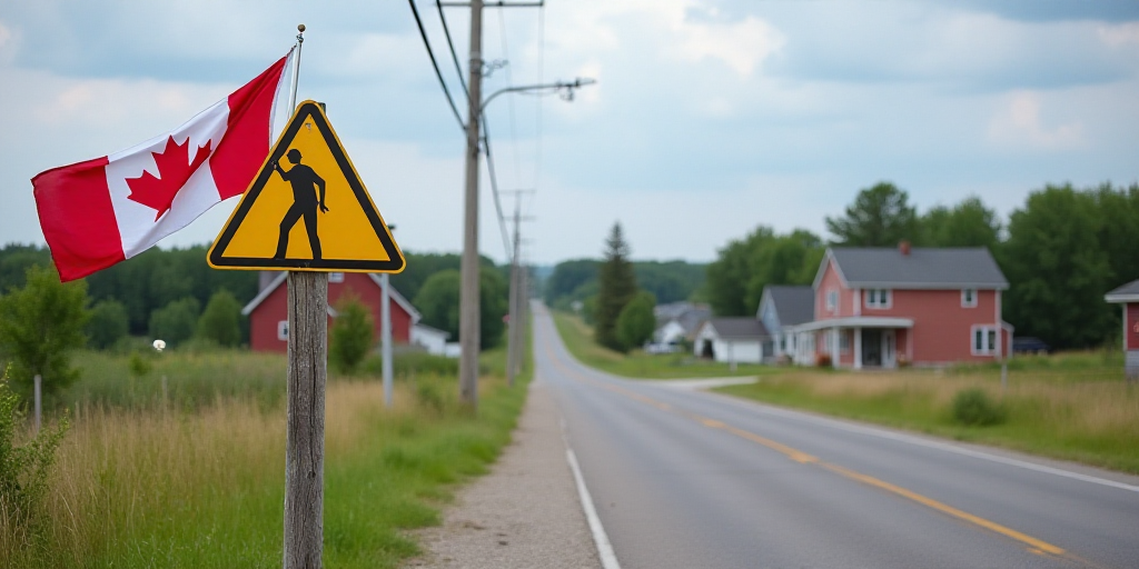 a sign on a wooden pole with a flag on it and a canadian flag on it, along with a road and houses, B