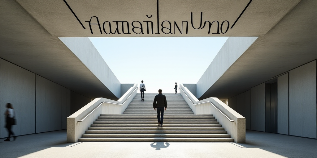 a sign that is above a set of stairs in a building with a person walking up it and a person on the o