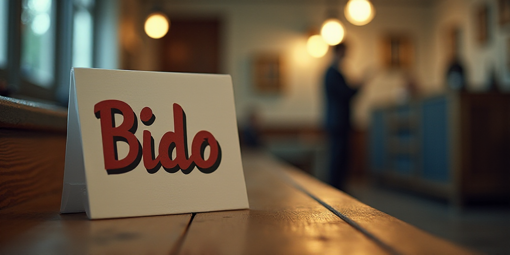 a sign that is on a table in a room with a person in the background and a person in the background,