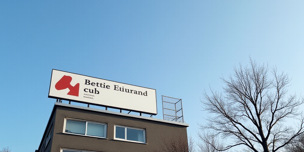a sign that is on top of a building near a tree branch with no leaves on it and a blue sky in the ba