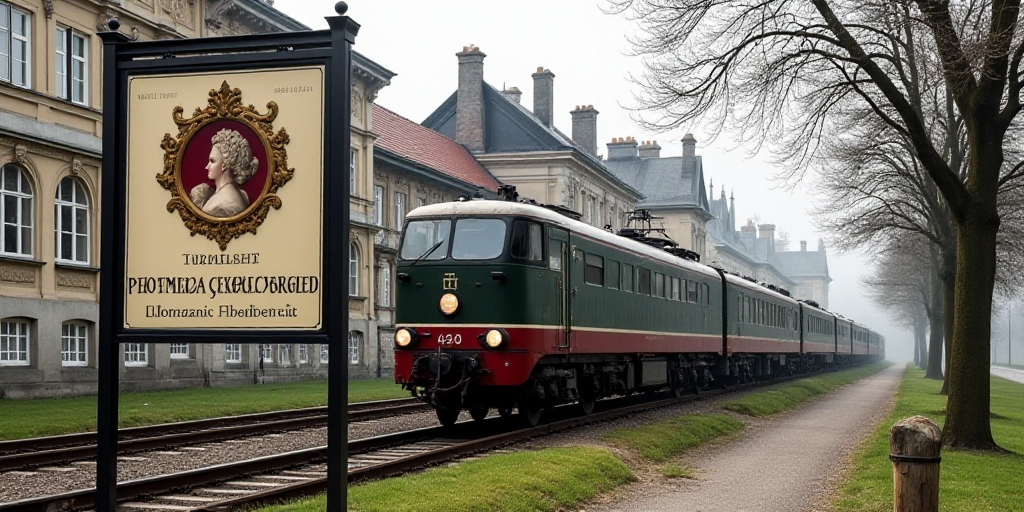 a sign that is outside of a building with a train on it's track in front of a building, Florence Eng