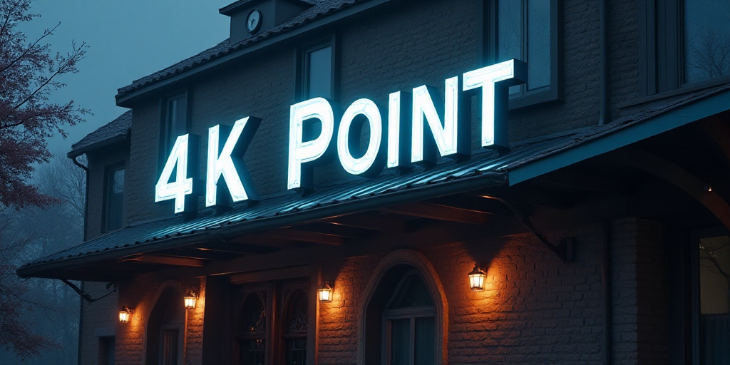 a sign that says 4 4 d above a building with lights on it and a clock on the wall, Epsylon Point, 4k