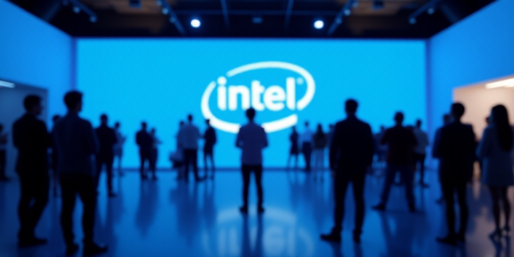 a sign that says intel in front of a group of people in a room with a blue wall and a blue sign, Car