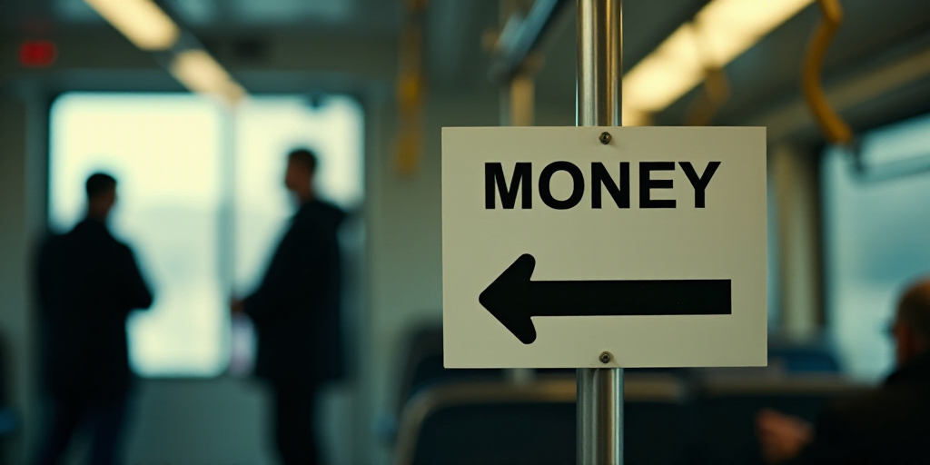 a sign that says money transfer on it and two people standing in the background looking at it in a t