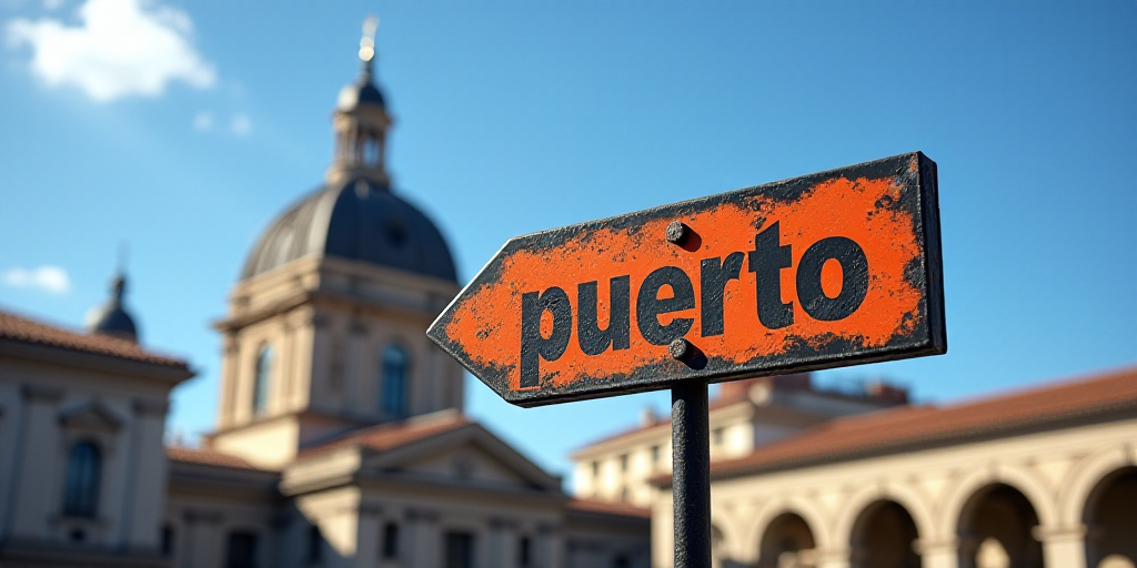 a sign that says puerto in front of a building with a dome in the background and a blue sky, Art & L