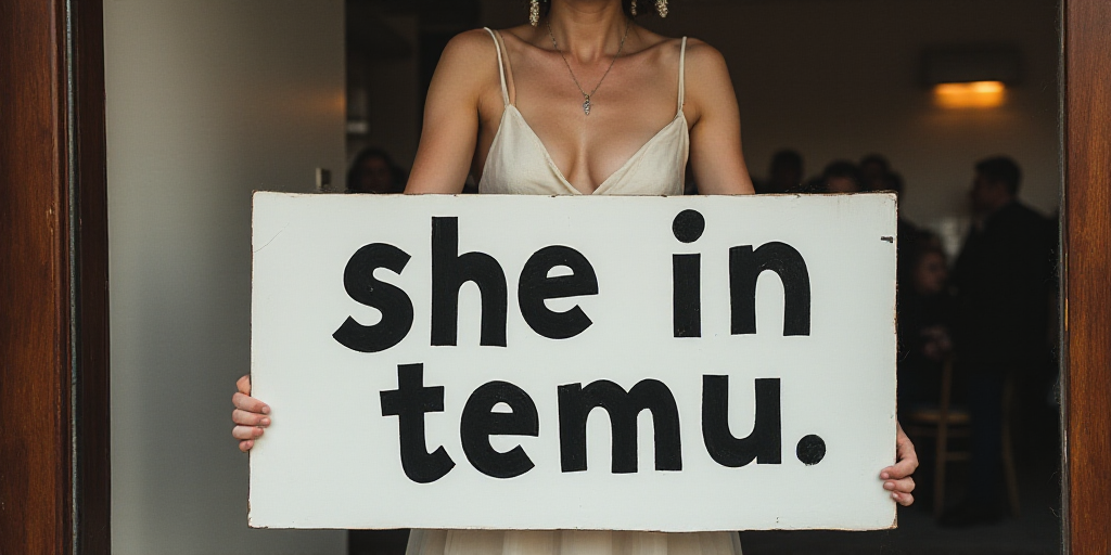 a sign that says shein temu on it and a picture of a woman in a dress behind it, Eero Snellman, beha
