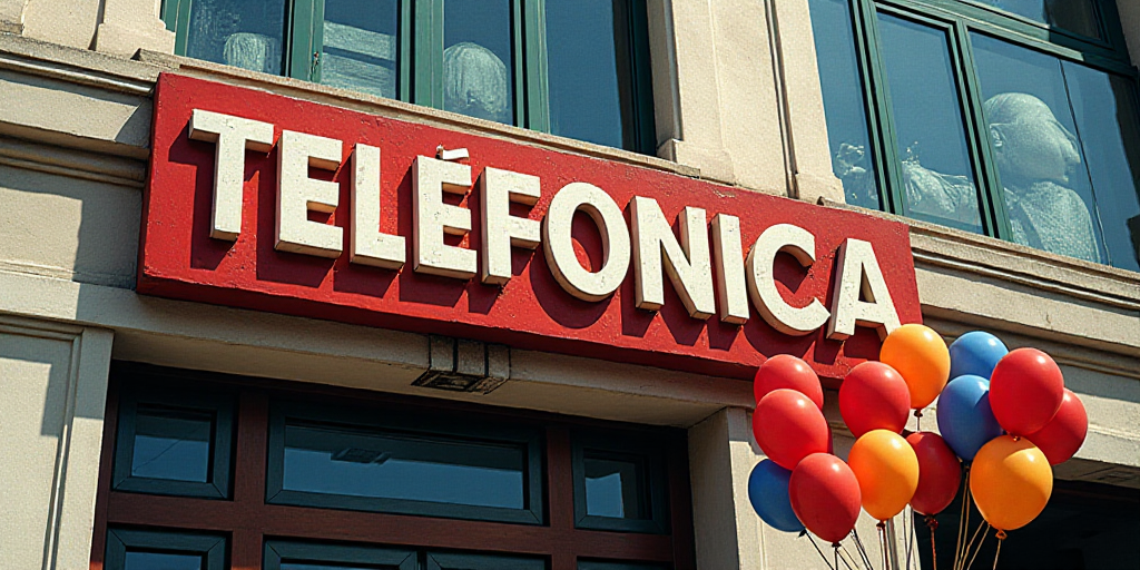 a sign that says telefonica on it in front of a building with balloons in front of it, Carlos Trillo