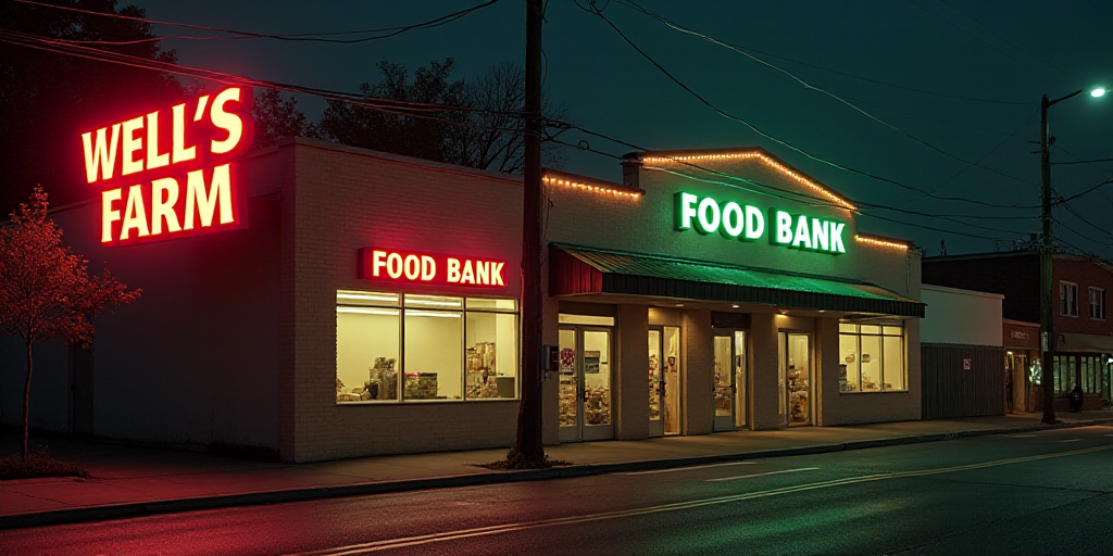 a sign that says wells farm and a sign that says food bank on it in a building with lights, Elbridge