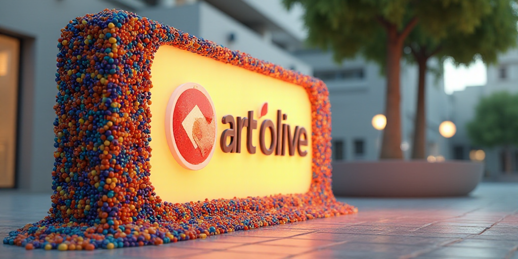 a sign with a bunch of small colored beads on it's side and a logo for a company, Ceferí Olivé, ar