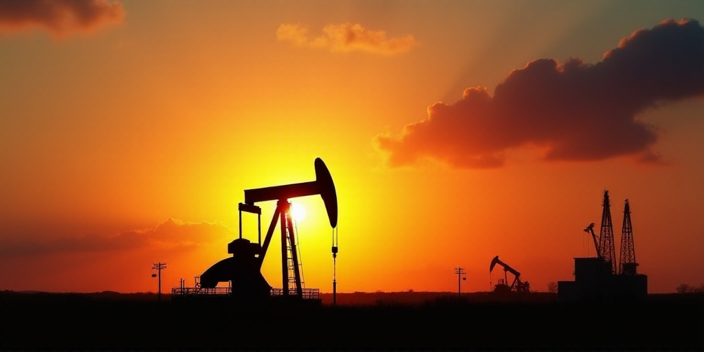 a silhouette of an oil pump against a sunset sky with clouds in the background and a silhouette of a