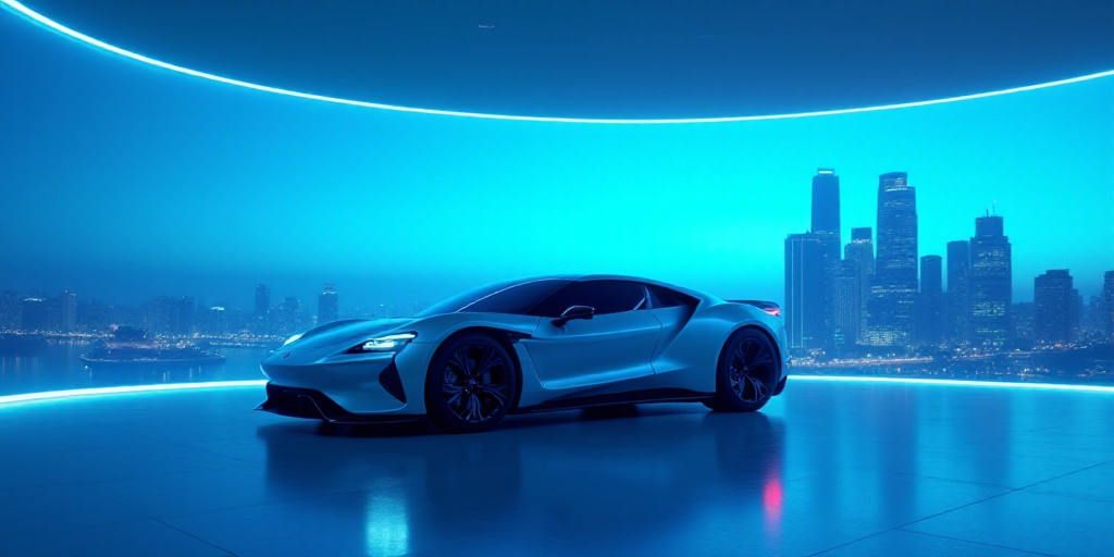 a silver car is shown in a blue lit room with a city in the background and a blue light, Fan Qi, xf